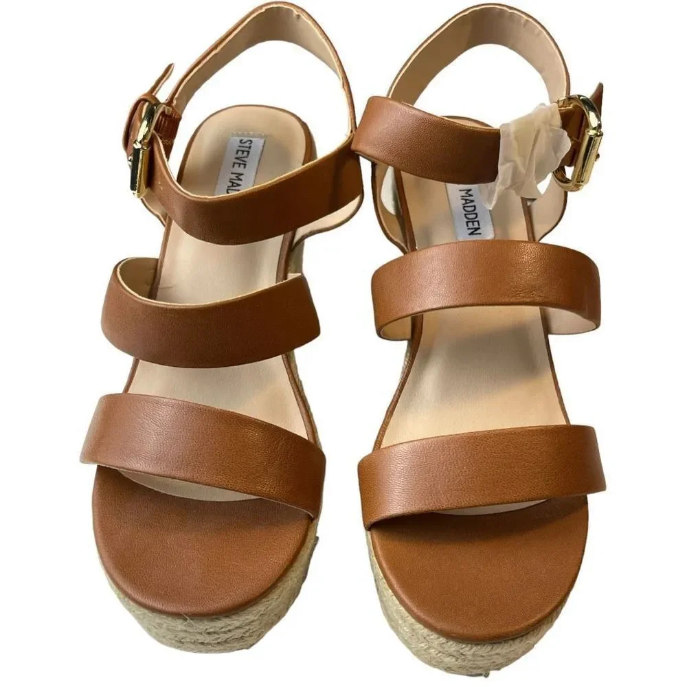 STEVE MADDEN Women's Valery Espadrille Wedge Sandals Cognac Brown Size 8.5 NEW